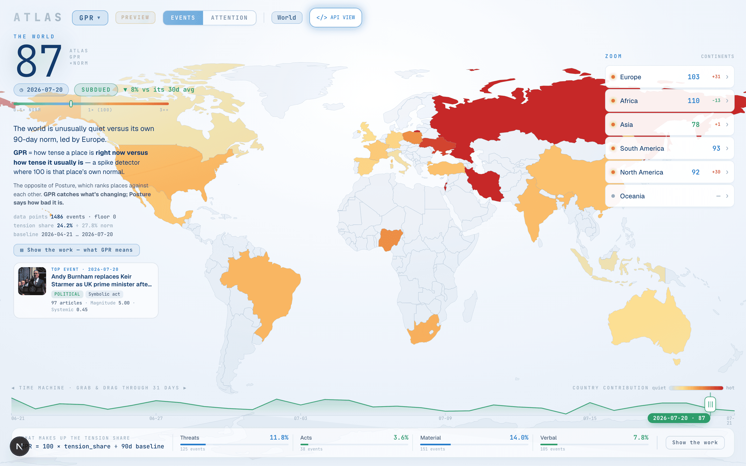 Atlas GPR — world view with country contribution choropleth